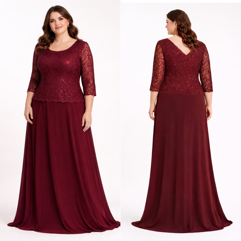 Plus Size Mother Bride Burgundy Lace Chiffon Formal Maxi Gown Cruise Formal‎ 3XL